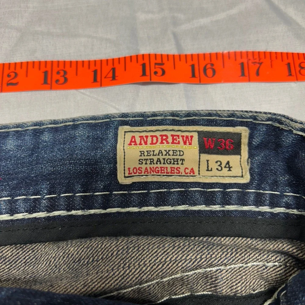 Rivet De Cru Andrew Mens wide leg Blue Jeans Thick Stitch 36x34 Faded